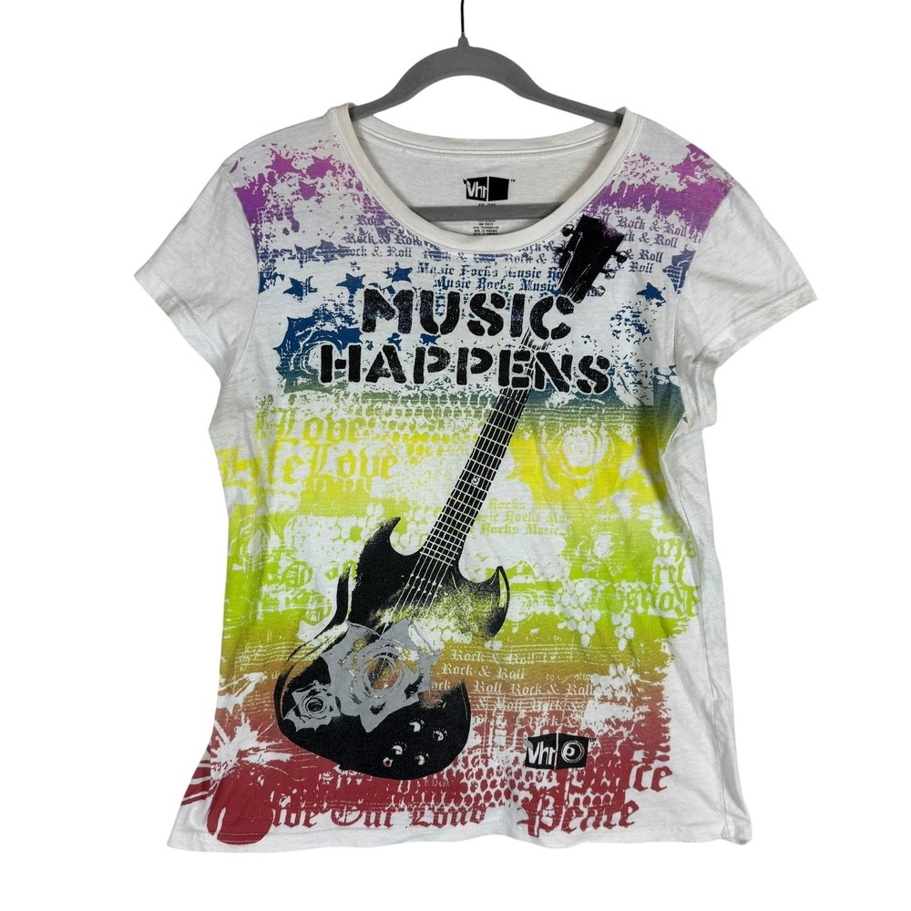 VH1 Music Happens Shirt Juniors XXL 19 Rainbow Rock‎ Guitar Graphic Tee